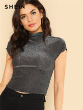 Load image into Gallery viewer, SHEIN Lettuce Hem Detail Glitter Top 2018 Summer Women Cap Sleeve T shirt Grey Stand Collar Slim Fit Party Casual Tee