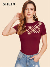Load image into Gallery viewer, SHEIN Office Lady Workwear Maroon Elegant Geo Cut Out Insert Women T Shirt Round Neck Summer Tops for 2018 Women Casual Tee