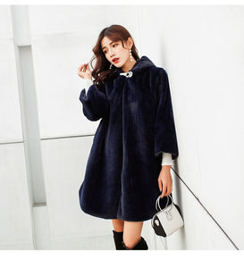 Pink Black Winter Faux Fur Teddy Coat Women Harajuku Streetwear Mid Long Outerwear Hooded  Warm Woman Coats Woman Manteau Femme