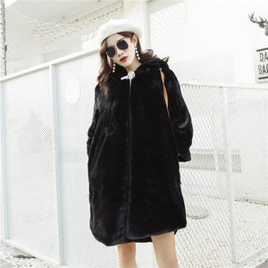 Pink Black Winter Faux Fur Teddy Coat Women Harajuku Streetwear Mid Long Outerwear Hooded  Warm Woman Coats Woman Manteau Femme