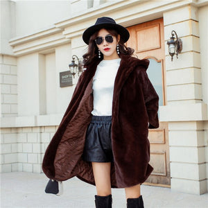Pink Black Winter Faux Fur Teddy Coat Women Harajuku Streetwear Mid Long Outerwear Hooded  Warm Woman Coats Woman Manteau Femme