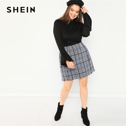 SHEIN Plus Size Frayed Trim Hem High Waist Blue Plaid Tweed Mini A-Line Skirt Women High Street Short Skirt