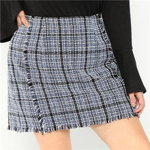 Load image into Gallery viewer, SHEIN Plus Size Frayed Trim Hem High Waist Blue Plaid Tweed Mini A-Line Skirt Women High Street Short Skirt