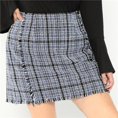 SHEIN Plus Size Frayed Trim Hem High Waist Blue Plaid Tweed Mini A-Line Skirt Women High Street Short Skirt