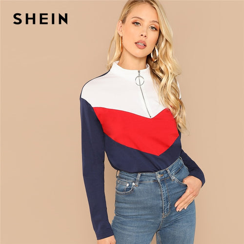 SHEIN Multicolor Preppy Casual Zip Half Placket Color Block Stand Collar Long Sleeve Tee 2018 Autumn Campus Women Tshirt Top