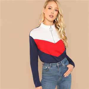 SHEIN Multicolor Preppy Casual Zip Half Placket Color Block Stand Collar Long Sleeve Tee 2018 Autumn Campus Women Tshirt Top