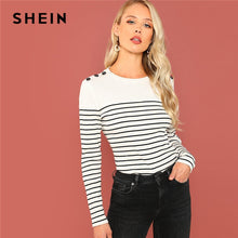 Load image into Gallery viewer, SHEIN Black And White Preppy Office Lady Button Detail Rib Knit Striped Long Sleeve Tee Autumn Casual Campus Women Tshirt Top