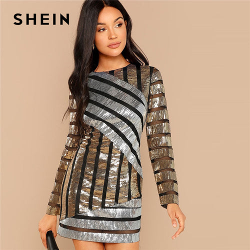 SHEIN Multicolor Cut and Sew Sequin Textured Dress Party Embroidery Long Sleeve Zipper Sheath Dresses Women  Autumn Slim Dress