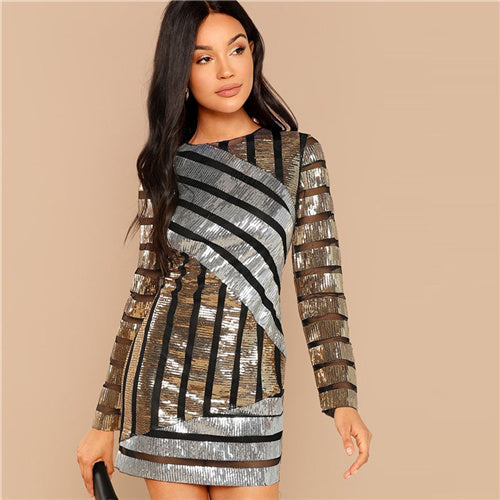 SHEIN Multicolor Cut and Sew Sequin Textured Dress Party Embroidery Long Sleeve Zipper Sheath Dresses Women  Autumn Slim Dress