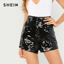 Load image into Gallery viewer, SHEIN Black Highstreet Party Sequin Mid Waist Zipper Fly Solid Shorts 2018 Summer Fashion Streetwear Club Women Shorts