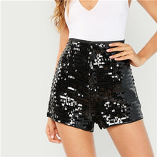 Load image into Gallery viewer, SHEIN Black Highstreet Party Sequin Mid Waist Zipper Fly Solid Shorts 2018 Summer Fashion Streetwear Club Women Shorts