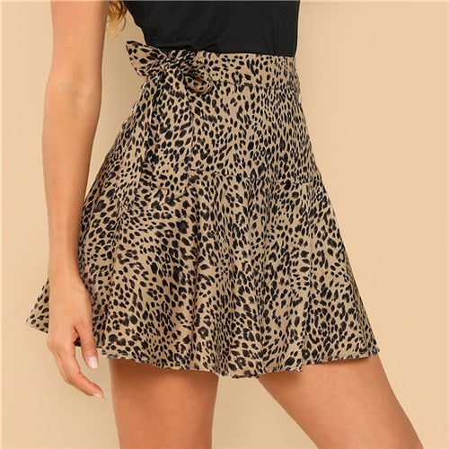 SHEIN Multicolor Knot Side Leopard Print  Ruffle Above Knee Skirt Elegant Weekend Casual Mid Waist Women Autumn Mini Skirts
