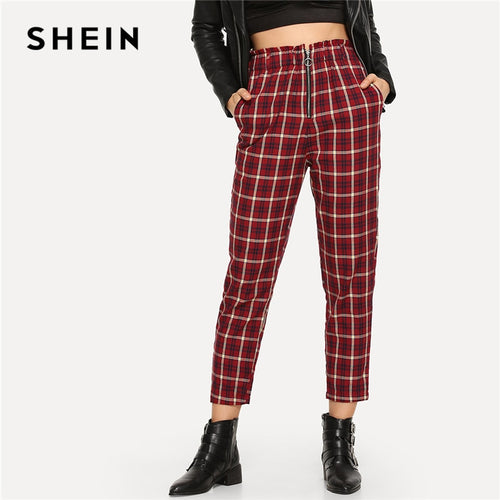 SHEIN Burgundy Casual Plaid Pocket Exposed Zip Fly Elastic Waist Peg Carrot Pants 2018 Autumn Modern Lady Fashion Women Trousers