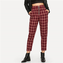 Load image into Gallery viewer, SHEIN Burgundy Casual Plaid Pocket Exposed Zip Fly Elastic Waist Peg Carrot Pants 2018 Autumn Modern Lady Fashion Women Trousers