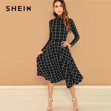 Load image into Gallery viewer, SHEIN Black Elegant Plaid Print High Neck Fit And Flare Long Sleeve High Waist Dress 2018 Autumn Casual Women Long Dresses