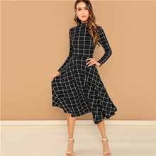 Load image into Gallery viewer, SHEIN Black Elegant Plaid Print High Neck Fit And Flare Long Sleeve High Waist Dress 2018 Autumn Casual Women Long Dresses