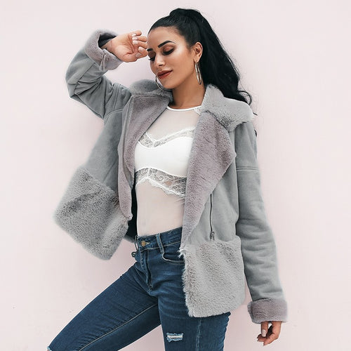 Glamaker Grey streetwear fur teddy jacket Women autumn patchwork chic winter coat china Suede leather womens fur coat teddy coat