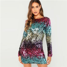 Load image into Gallery viewer, SHEIN Multicolor Party Sequins Iridescent Skinny Round Neck Long Sleeve Dress 2018 Autumn Night Out Women Dresses