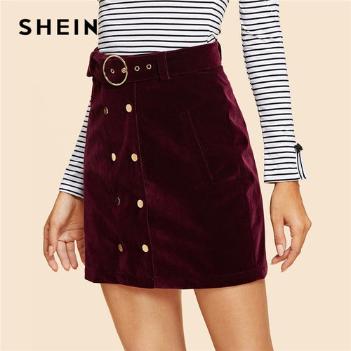 SHEIN Maroon Double Button Belted Velvet Skirt Vintage Mid Waist Short Mini Skirts Women Autumn Elegant Plain Sheath Bottoms