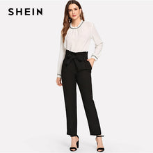 Load image into Gallery viewer, SHEIN Black Streetwear Office Lady Elegant Ruffle Detail Belted High Waist Long Pants 2018 Autumn Workwear Women Trousers