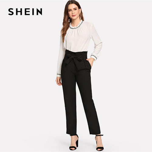 SHEIN Black Streetwear Office Lady Elegant Ruffle Detail Belted High Waist Long Pants 2018 Autumn Workwear Women Trousers