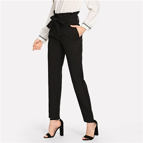 SHEIN Black Streetwear Office Lady Elegant Ruffle Detail Belted High Waist Long Pants 2018 Autumn Workwear Women Trousers