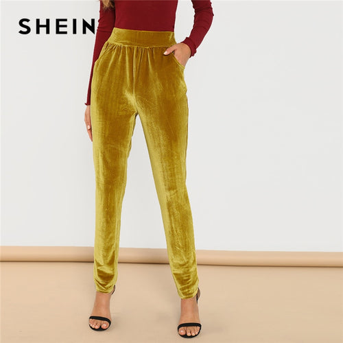 SHEIN Ginger Office Lady Solid Pocket Front Velvet Elastic Waist Cigarette Pants 2018 Autumn Fashion Casual Women Trousers