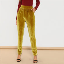 Load image into Gallery viewer, SHEIN Ginger Office Lady Solid Pocket Front Velvet Elastic Waist Cigarette Pants 2018 Autumn Fashion Casual Women Trousers