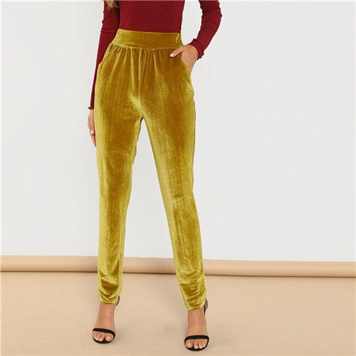 SHEIN Ginger Office Lady Solid Pocket Front Velvet Elastic Waist Cigarette Pants 2018 Autumn Fashion Casual Women Trousers