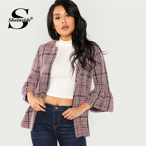 Sheinside Multicolor Flounce Sleeve Plaid Tweed Coat Three Quarter Length Sleeve Elegant Outerwear 2018 Women Jackets And Coats