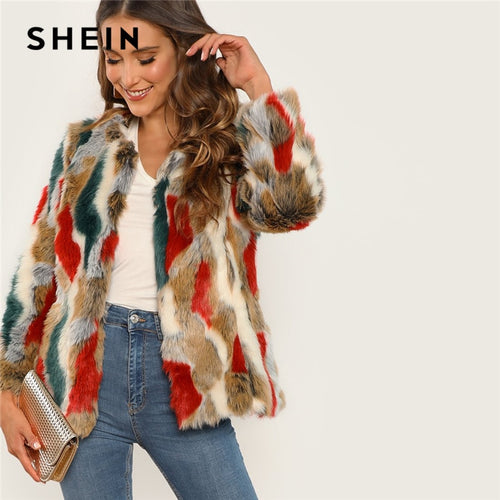 SHEIN Multicolor Highstreet Colorful Faux Fur Round Neck Short Coat 2018 Winter Party Streetwear Women Coat And Outerwear