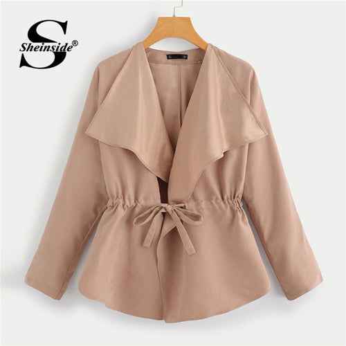 Sheinside Khaki Office Ladies Waist Drawstring Solid Coat Women Waterfall Long Sleeve Outerwear 2018 Autumn Elegant Womens Coats