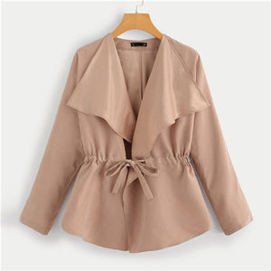 Sheinside Khaki Office Ladies Waist Drawstring Solid Coat Women Waterfall Long Sleeve Outerwear 2018 Autumn Elegant Womens Coats