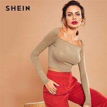 Load image into Gallery viewer, SHEIN Khaki Casual Crop Solid Square Neck Ribbed Knit Long Sleeve Tee Autumn Party Modern Lady Women Tshirt And Top
