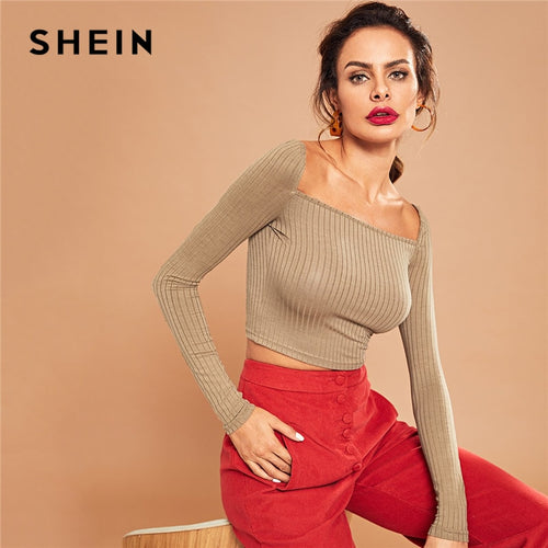 SHEIN Khaki Casual Crop Solid Square Neck Ribbed Knit Long Sleeve Tee Autumn Party Modern Lady Women Tshirt And Top