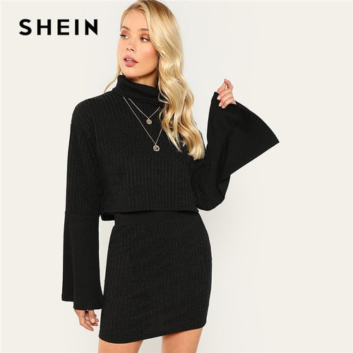SHEIN Black High Neck Flounce Sleeve Ribbed Knit Skinny Top & Skirt Co-Ord  Elegant Two Pieces Sets 2018 Spring Plain Twopiece