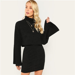 SHEIN Black High Neck Flounce Sleeve Ribbed Knit Skinny Top & Skirt Co-Ord  Elegant Two Pieces Sets 2018 Spring Plain Twopiece