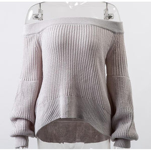 Conmoto Slash Neck Women Short Casual Sweater Computer Knitted Lantern Full Sleeve Sweater Autumn Winter Solid Mujer Jumper