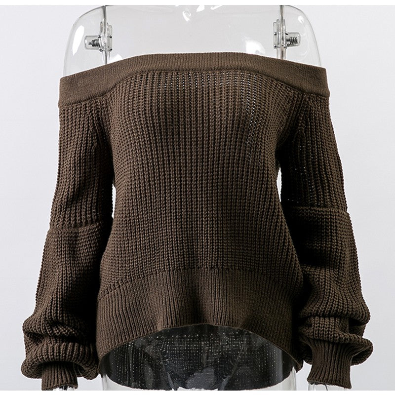 Conmoto Slash Neck Women Short Casual Sweater Computer Knitted Lantern Full Sleeve Sweater Autumn Winter Solid Mujer Jumper