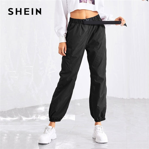 SHEIN Black Pocket Side Drawstring Waist Pants Casual Plain Elastic Waist Trousers Women Autumn Athleisure Streetwear Pants
