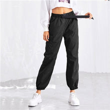 Load image into Gallery viewer, SHEIN Black Pocket Side Drawstring Waist Pants Casual Plain Elastic Waist Trousers Women Autumn Athleisure Streetwear Pants