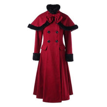 Load image into Gallery viewer, Sisjuly Burgundy Woolen Coat Women Winter Lace Up Pleated Warm Elegant Fashion Vintage Cloak Swing Double Breasted Long Coats