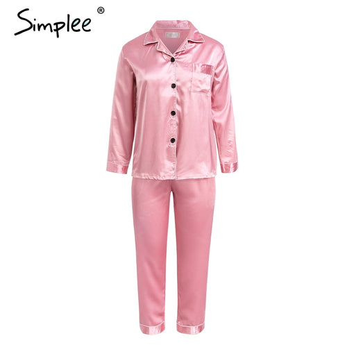 Simplee Women pajama set Stain soft night sleepwear Faux silk pajamas Autumn winter 2018 pyjama femme Plus size home wear suit