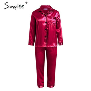 Simplee Women pajama set Stain soft night sleepwear Faux silk pajamas Autumn winter 2018 pyjama femme Plus size home wear suit