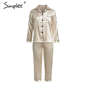 Simplee Women pajama set Stain soft night sleepwear Faux silk pajamas Autumn winter 2018 pyjama femme Plus size home wear suit