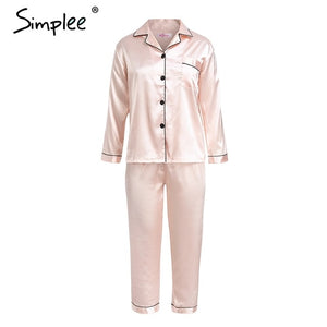 Simplee Women pajama set Stain soft night sleepwear Faux silk pajamas Autumn winter 2018 pyjama femme Plus size home wear suit