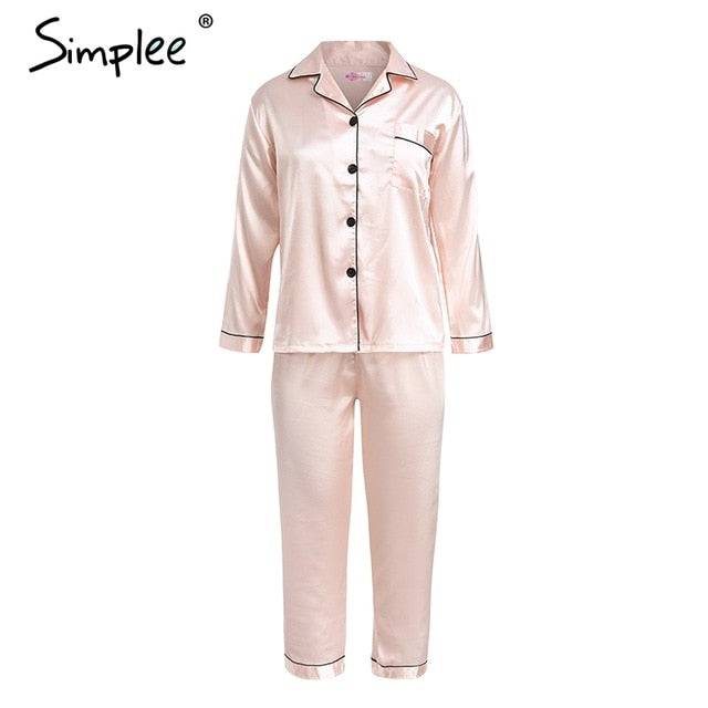 Simplee Women pajama set Stain soft night sleepwear Faux silk pajamas Autumn winter 2018 pyjama femme Plus size home wear suit