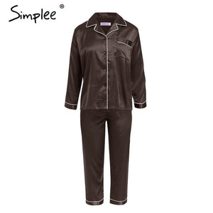 Simplee Women pajama set Stain soft night sleepwear Faux silk pajamas Autumn winter 2018 pyjama femme Plus size home wear suit