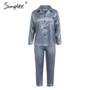 Simplee Women pajama set Stain soft night sleepwear Faux silk pajamas Autumn winter 2018 pyjama femme Plus size home wear suit