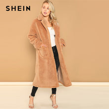Load image into Gallery viewer, SHEIN Brown Casual Thermal Solid Pocket Notch Collar Single Breasted Teddy Long Coat Autumn Office Lady Women Coat And Outerwear